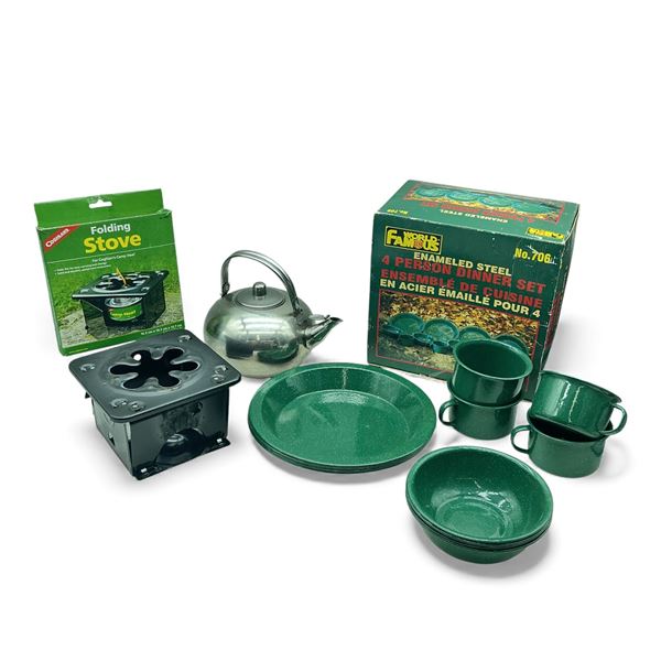 Coghlan's Folding Stove, Camp Kettle and World Famous 4 Person Dinner Set