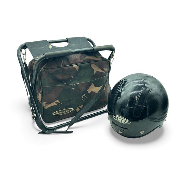 GMX ATV Helmet, Size Medium and Folding Hunting Stool in Camo