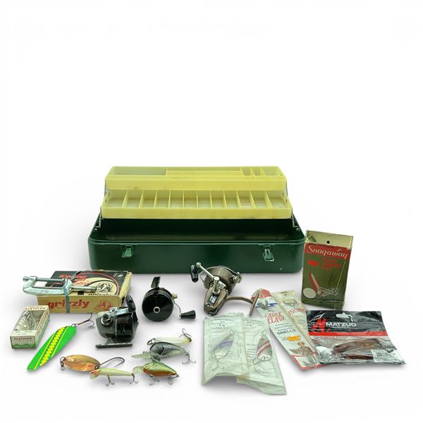 Metal Tackle Box with Some Tackle, Zebco XRL37 Reel and other Reel, with Accessories