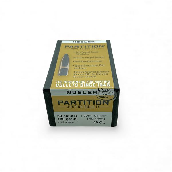 Nosler Partition Hunting 30 Cal .308" 180 Grain Spitzer Projectiles, 50 Qty