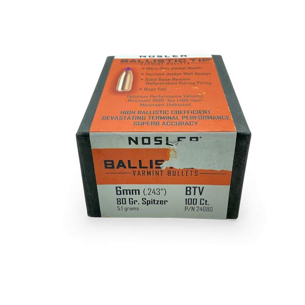 Nosler Ballistic Tip Varmint 6 mm .243" 80 Grain Spitzer Projectiles, 100 Qty