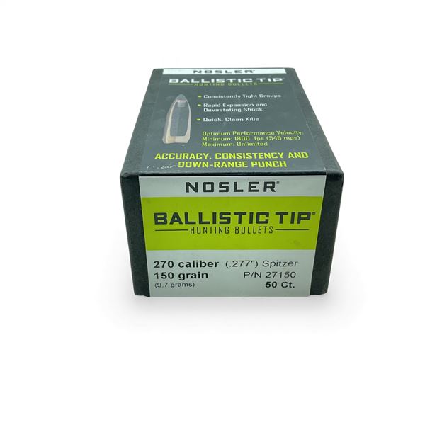 Nosler Ballistic Tip Hunting 270 Cal .277" 150 Grain Spitzer Projectiles, 50 Qty