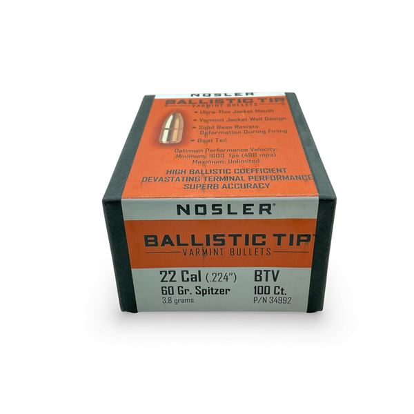 Nosler Ballistic Tip Varmint 22 Cal .224" 60 Grain Spitzer Projectiles, 100 Qty