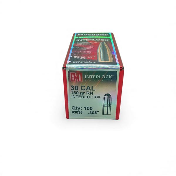 Hornady Interlock 30 Cal .308' 150 Grain RN Projectiles, 100 Qty