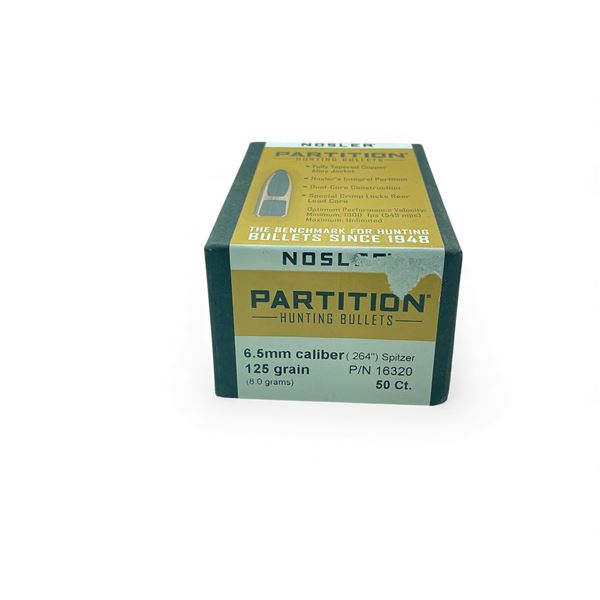 Nosler Partition Hunting 6.5 mm Cal .264" 125 Grain Spitzer Projectiles, 50 Qty