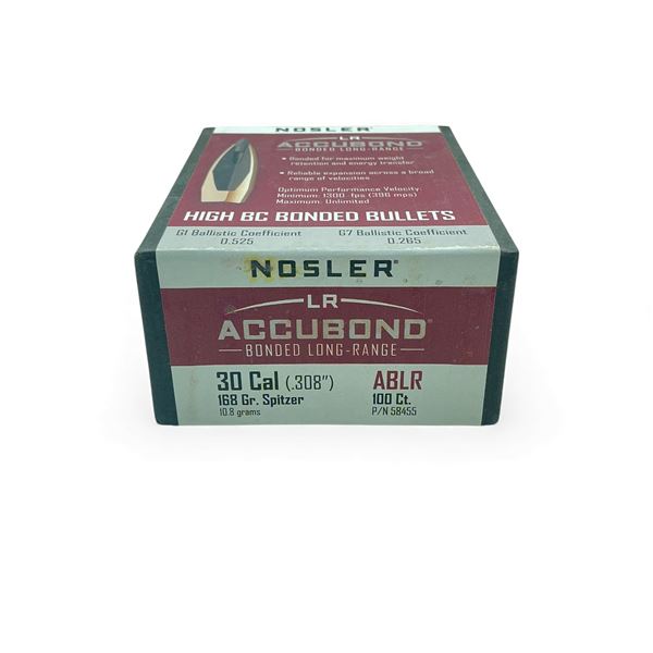 Nosler Accubond Long Range 30 Cal .308" 168 Grain Spitzer Projectiles, 100 Qty