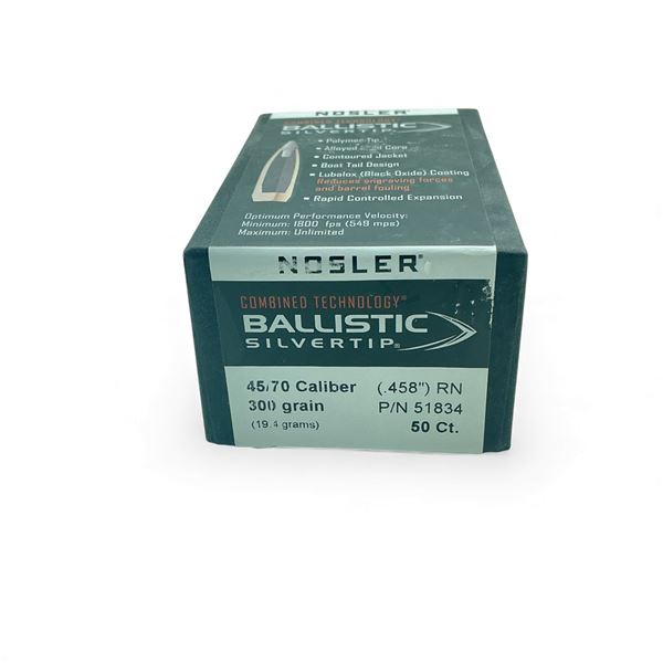Nosler Ballistic Silvertip 45/70 Cal .458" 300 Grain RN Projectiles, 50 Qty