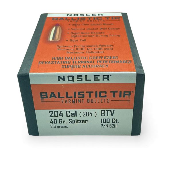 Nosler Ballistic Tip Varmint 204 Cal .204" 40 Grain Spitzer Projectiles, 100 Qty