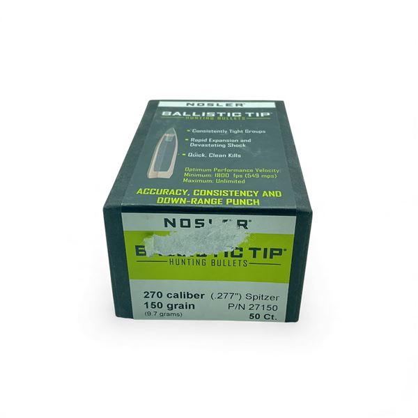 Nosler Ballistic Tip Hunting 270 Cal .277" 150 Grain Spitzer Projectiles, 50 Qty