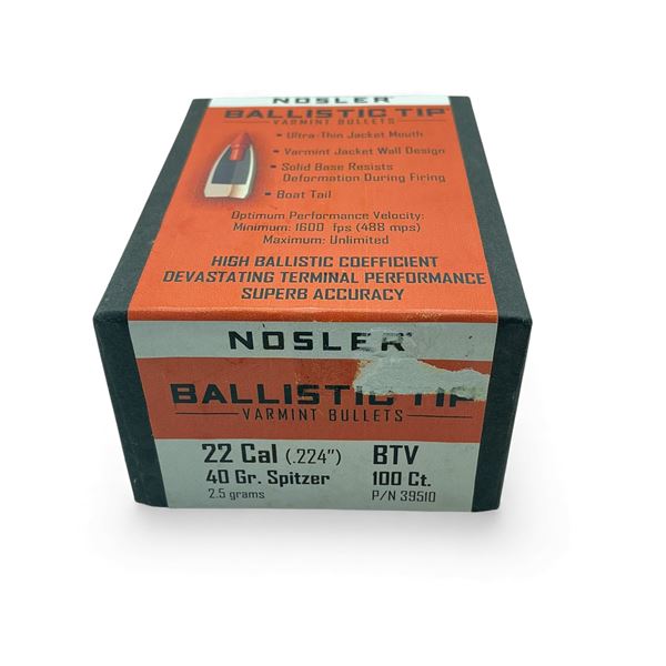 Nosler Ballistic Tip Varmint 22 Cal .224" 40 Grain Spitzer Projectiles, 100 Qty