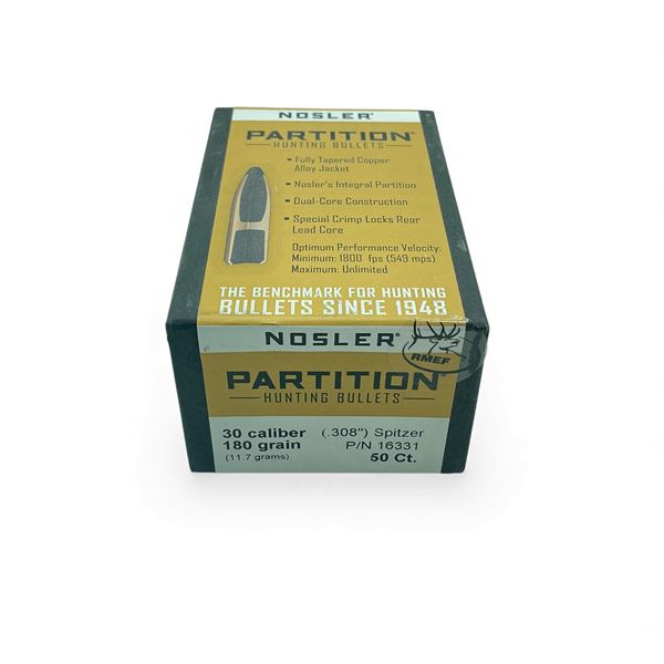 Nosler Partition Hunting 30 Cal .308" 180 Grain Spitzer Projectiles, 50 Qty