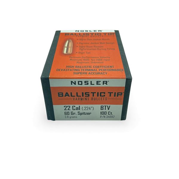 Nosler Ballistic Tip Varmint 22 Cal .224" 60 Grain Spitzer Projectiles, 100 Qty