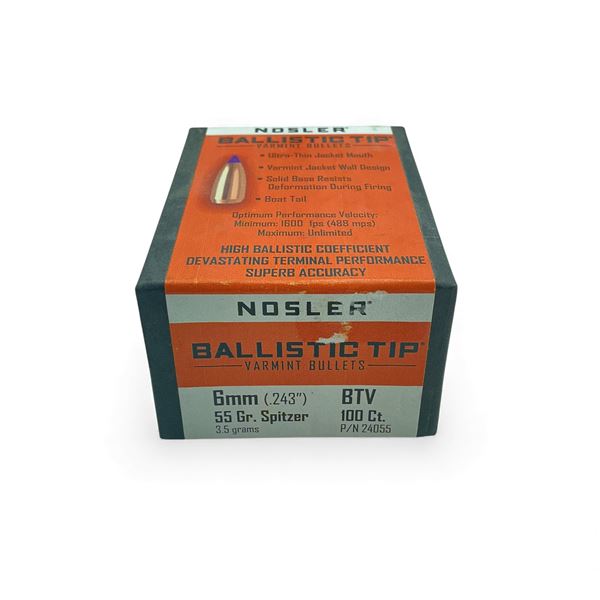 Nosler Ballistic Tip Varmint 6 mm Cal .243" 55 Grain Spitzer Projectiles, 100 Qty