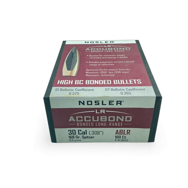 Nosler Accubond Long Range 30 Cal .308" 168 Grain Spitzer Projectiles, 100 Qty