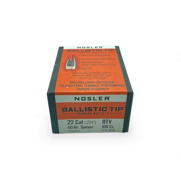 Nosler Ballistic Tip Varmint 22 Cal .224" 40 Grain Spitzer Projectiles, 100 Qty