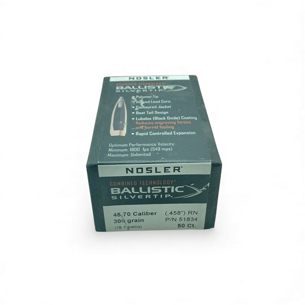 Nosler Ballistic Silvertip 45/70 Cal .458" 300 Grain RN Projectiles, 50 Qty