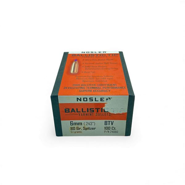 Nosler Ballistic Tip Varmint 6 mm .243" 80 Grain Spitzer Projectiles, 100 Qty