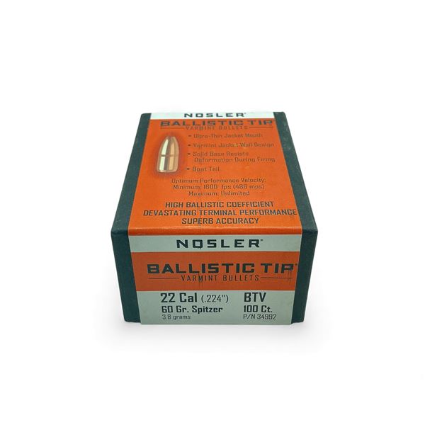 Nosler Ballistic Tip Varmint 22 Cal .224" 60 Grain Spitzer Projectiles, 100 Qty