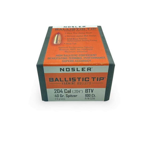Nosler Ballistic Tip Varmint 204 Cal .204" 40 Grain Spitzer Projectiles, 100 Qty