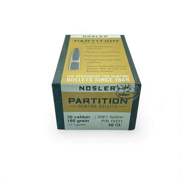 Nosler Partition Hunting 30 Cal .308" 180 Grain Spitzer Projectiles, 50 Qty