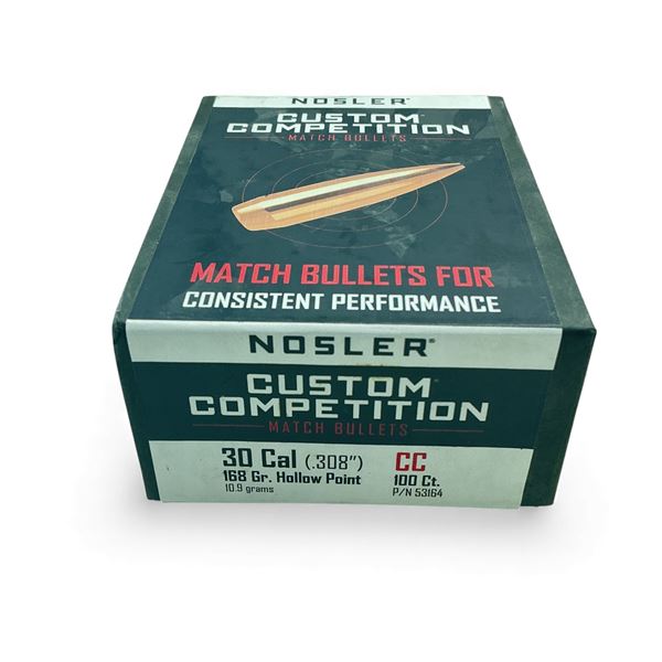 Nosler Custom Competition Match 30 Cal .308" 168 Grain HP Projectiles, 100 Qty