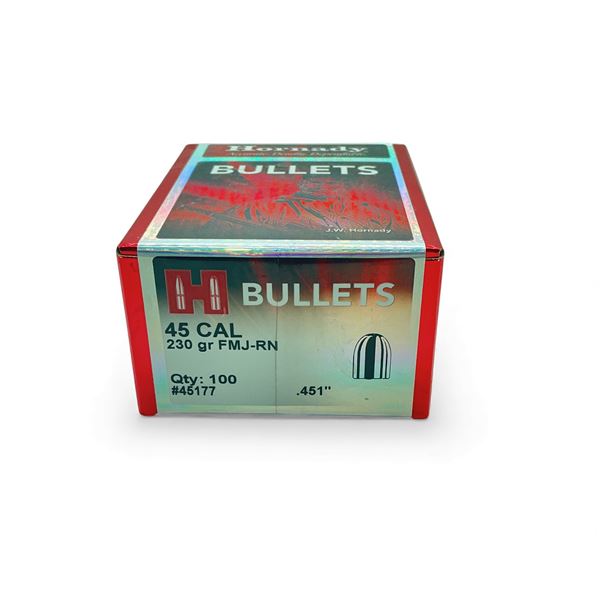 Hornady 45 Cal .451" 230 Grain FMJ-RN Projectiles, 100 Qty
