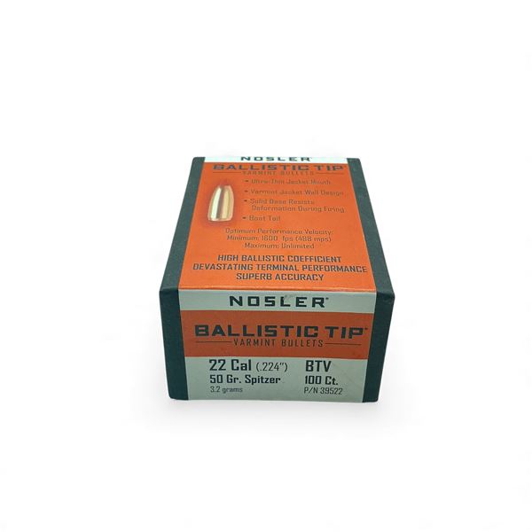 Nosler Ballistic Tip Varmint 22 Cal .224" 50 Grain Spitzer Projectiles, 100 Qty