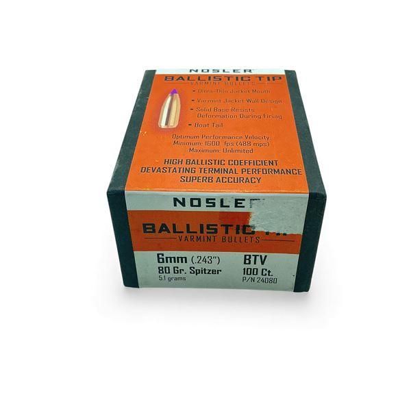 Nosler Ballistic Tip Varmint 6 mm .243" 80 Grain Spitzer Projectiles, 100 Qty
