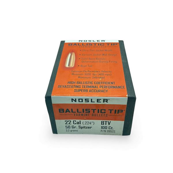 Nosler Ballistic Tip Varmint 22 Cal .224" 50 Grain Spitzer Projectiles, 100 Qty