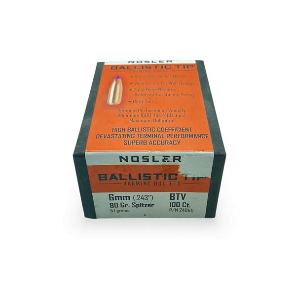 Nosler Ballistic Tip Varmint 6 mm .243" 80 Grain Spitzer Projectiles, 100 Qty