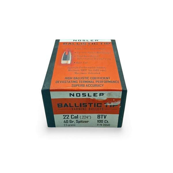 Nosler Ballistic Tip Varmint 22 Cal .224" 40 Grain Projectiles, 100 Qty