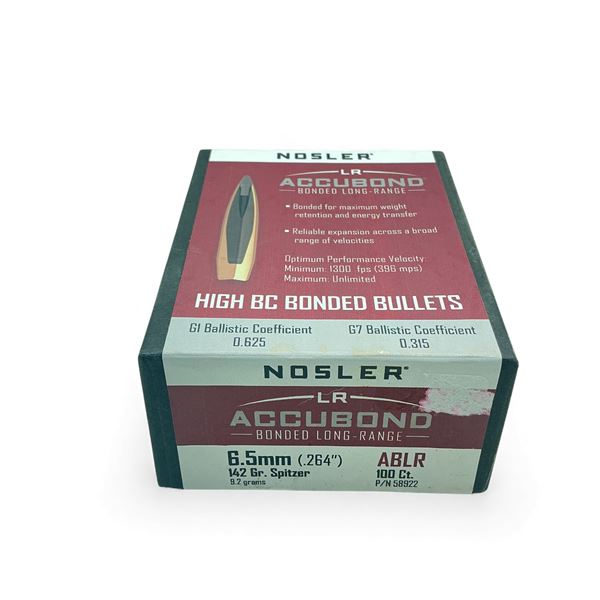 Nosler Accubond Long Range 6.5 mm .264" 142 Grain Spitzer Projectiles, 100 Qty