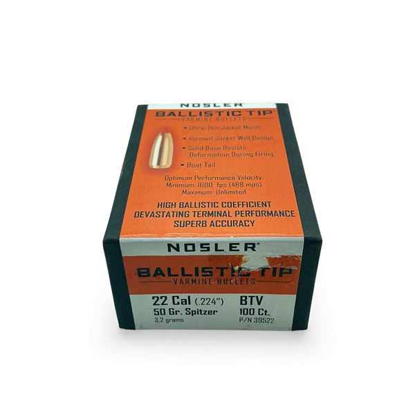 Nosler Ballistic Tip Varmint 22 Cal .224" 50 Grain Spitzer Projectiles, 100 Qty
