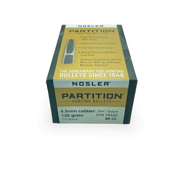Nosler Partition Hunting 6.5 mm Cal .264" 125 Grain Spitzer Projectiles, 50 Qty