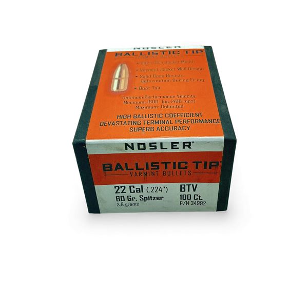 Nosler Ballistic Tip Varmint 22 Cal .224" 60 Grain Spitzer Projectiles, 100 Qty