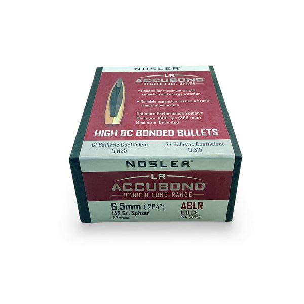Nosler Accubond Long Range 6.5 mm .264" 142 Grain Spitzer Projectiles, 100 Qty