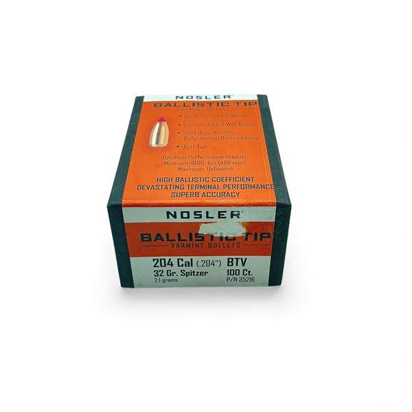 Nosler Ballistic Tip Varmint 204 Cal .204" 32 Grain Spitzer Projectiles, 100 Qty