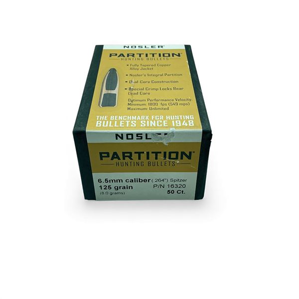 Nosler Partition Hunting 6.5 mm Cal .264" 125 Grain Spitzer Projectiles, 50 Qty