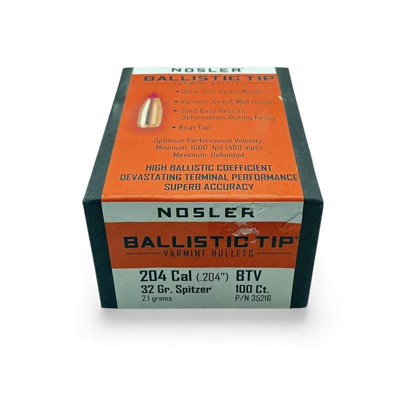 Nosler Ballistic Tip Varmint 204 Cal .204" 32 Grain Spitzer Projectiles, 100 Qty