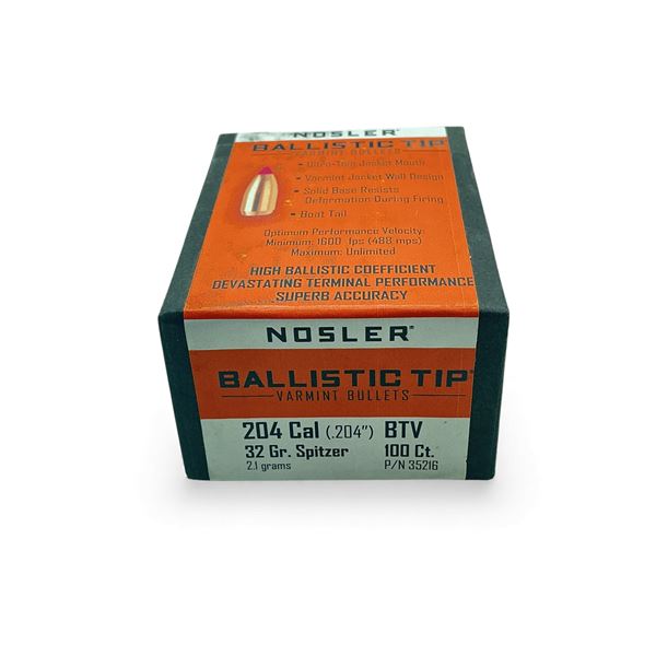 Nosler Ballistic Tip Varmint 204 Cal 32 Grain Spitzer Projectiles, 100 Qty