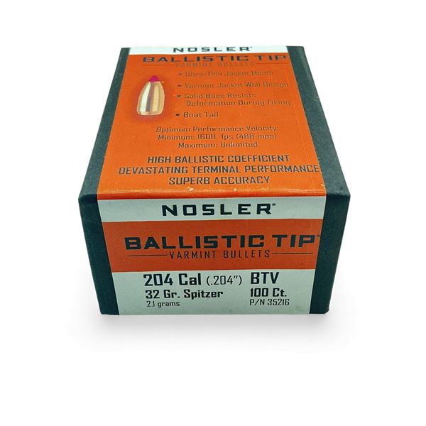 Nosler Ballistic Tip Varmint 204 Cal .204" 32 Grain Spitzer Projectiles, 100 Qty