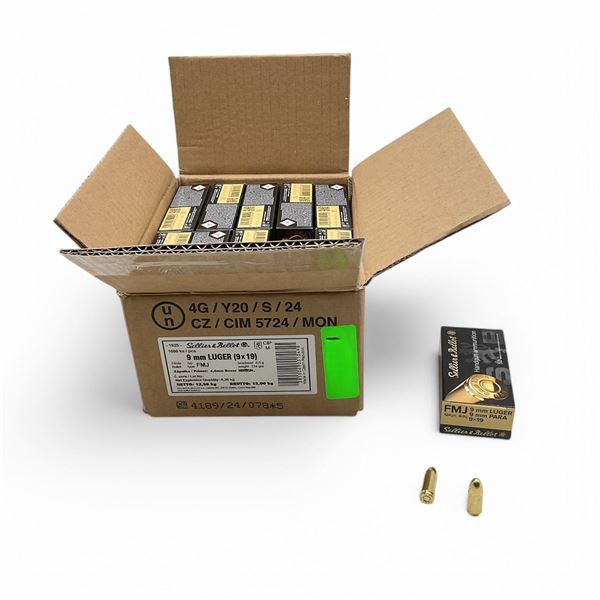 Sellier & Bellot 9mm Luger, 124 Grain FMJ Ammunition, 1000 Rounds