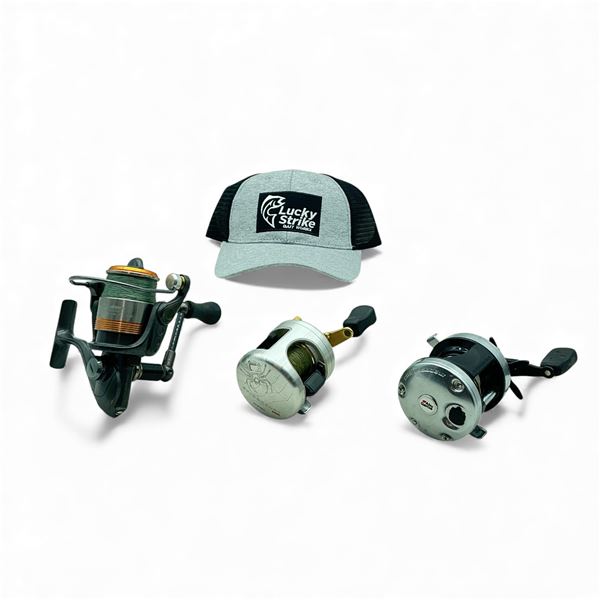 Okuma Raw II 30, Abu Garcia Ambassadeur, Spider Cast Pro Reel and Lucky Strike Mesh Back Hat