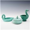 Image 1 : 3pc Weller Pottery Matte Green Swan and Goose Dishes & Covered Jar Set