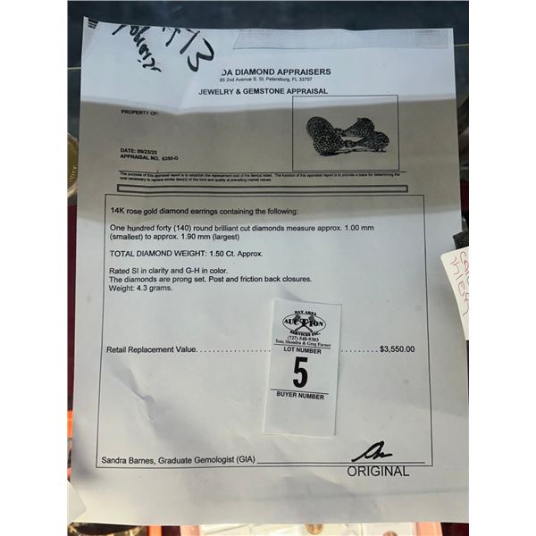 14K Rose Gold Earrings w/140 Round Cut Diamonds 4.3G - Replacement Value -$3,550.00