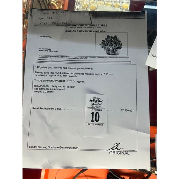 14K YG Diamond Ring 23 Round Cut Diamonds 9.0G - Replacement Value - $7,550.00