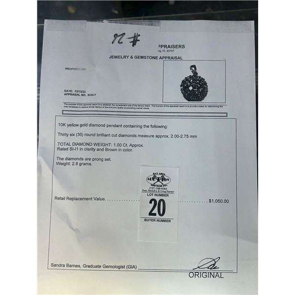 10K YG Diamond Pendant w/36 Round Cut Diamonds in Brown Color 2.8G - Replacement