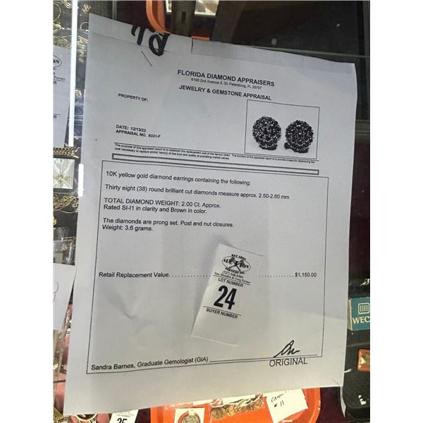 10K YG Diamond Earrings w/38 Round Cut Diamonds Brown In Color 3.6G - Replacement