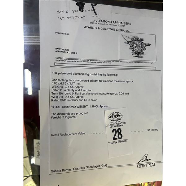 18K YG Diamond Ring w/One Rectangular Cut Cornered Cut Diamonds w/10 Round Cut