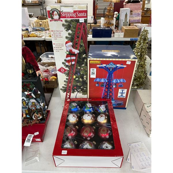 Lemax Snow Flake Pear Drop, Stepping Santa, Ornaments